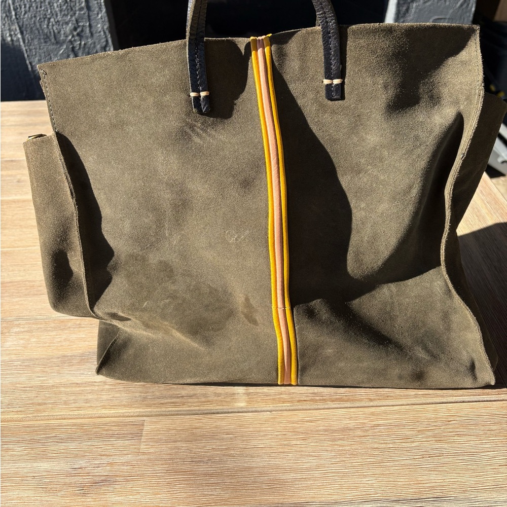 Clare V Suede Olive Green Simple Tote with Yellow & Pink Leather Stripe